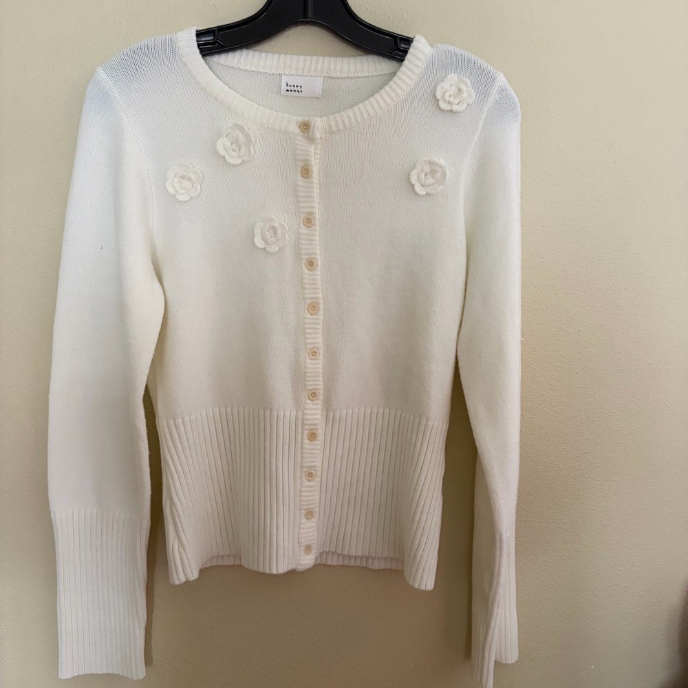 Honey Mango Cardigan Women L White Floral Applique Button Crew Neck MTS1515